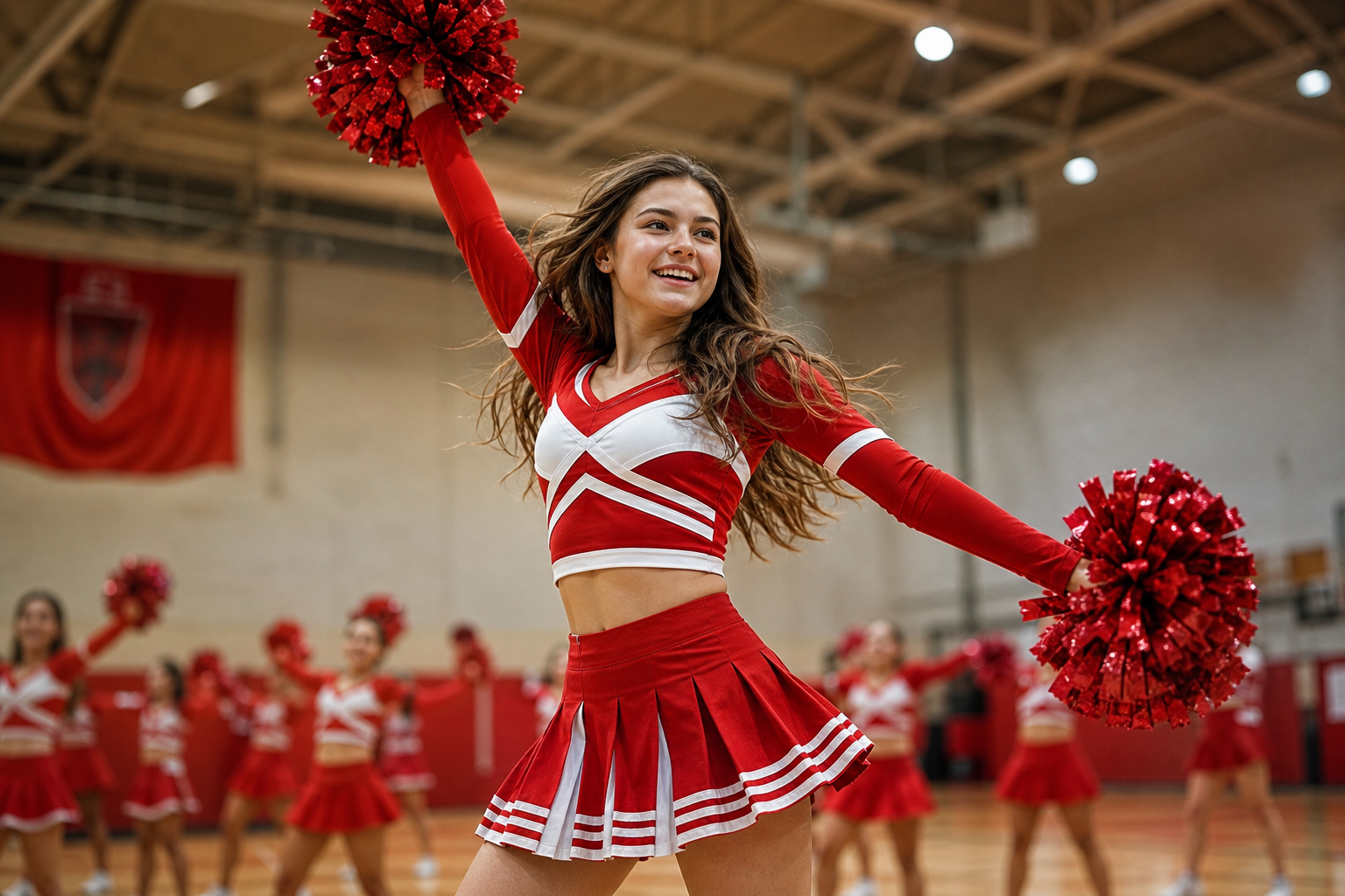 Girl In Red And White Cheerleader Skirt